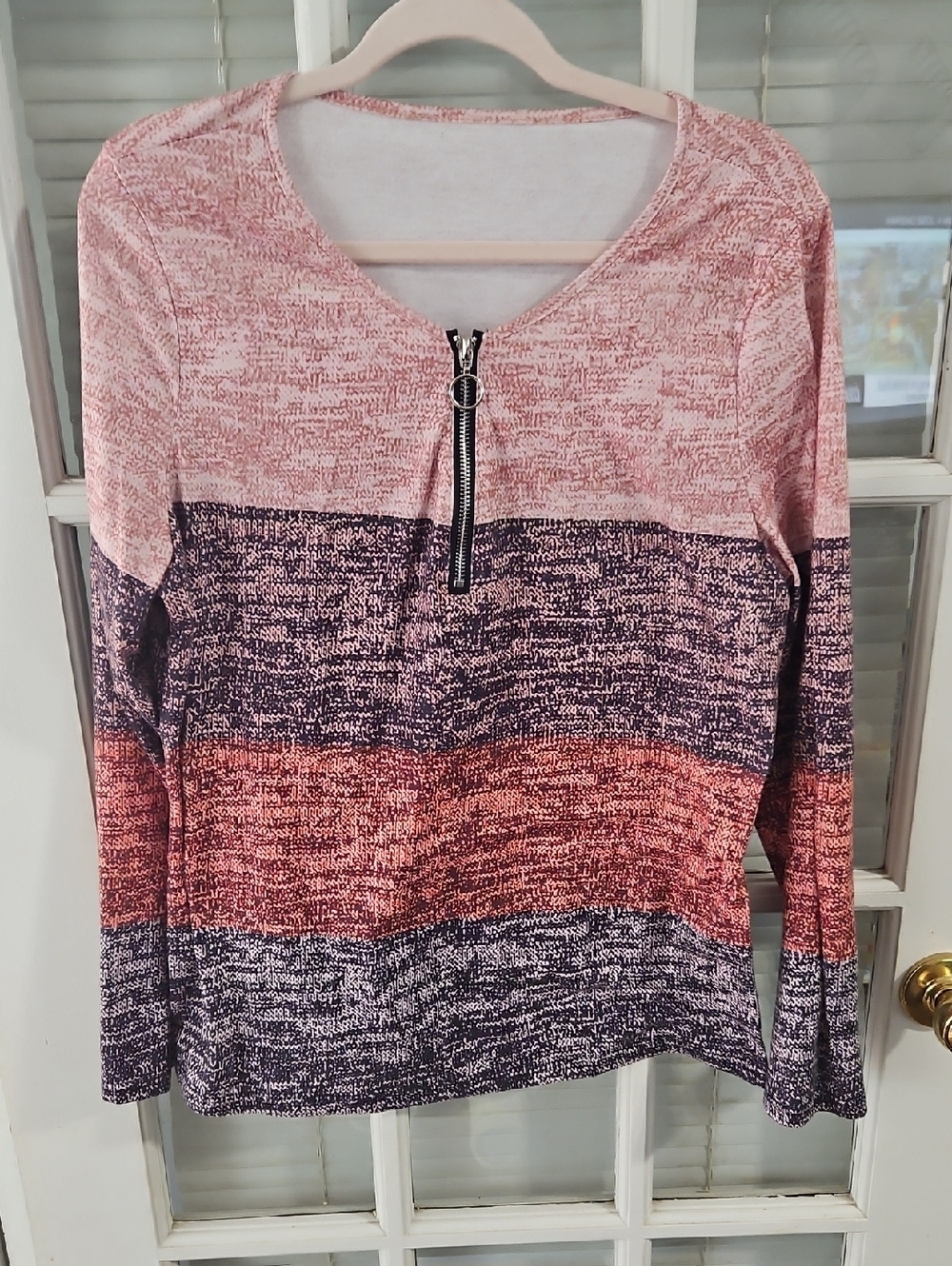 ❤️ Striped Zip-Front Long Sleeve Top in Pink and Brown. Sz XL